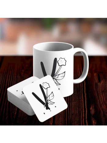 V Harfi Tasarımlı Kupa ve Bardak Altlığı Seti