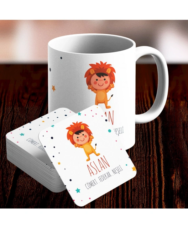 Aslan Burcu Özel Sevimli Kupa ve Altlık Seti