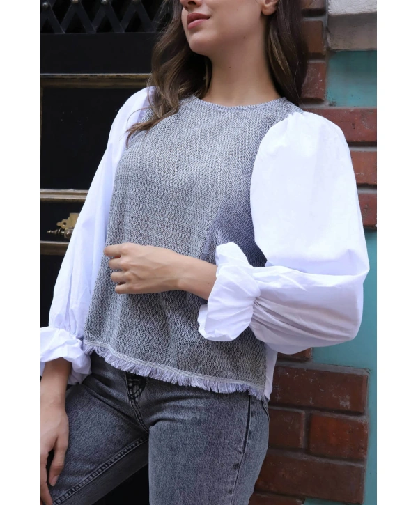 Balon Kol Bluz - BEYAZ