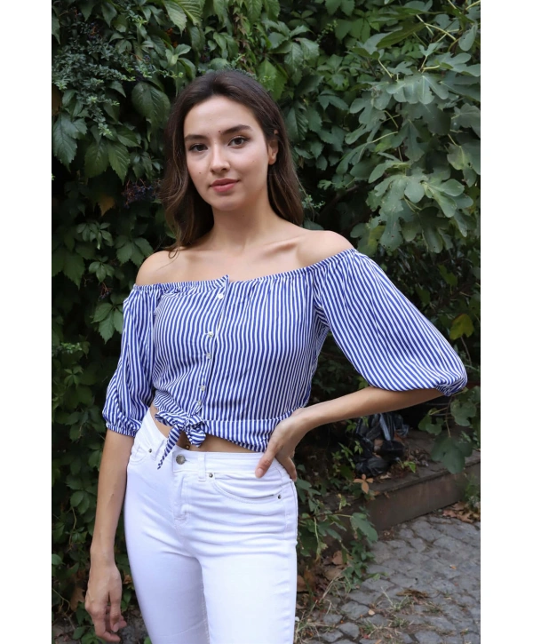 Belden Bağlamalı Bluz - MAVİ