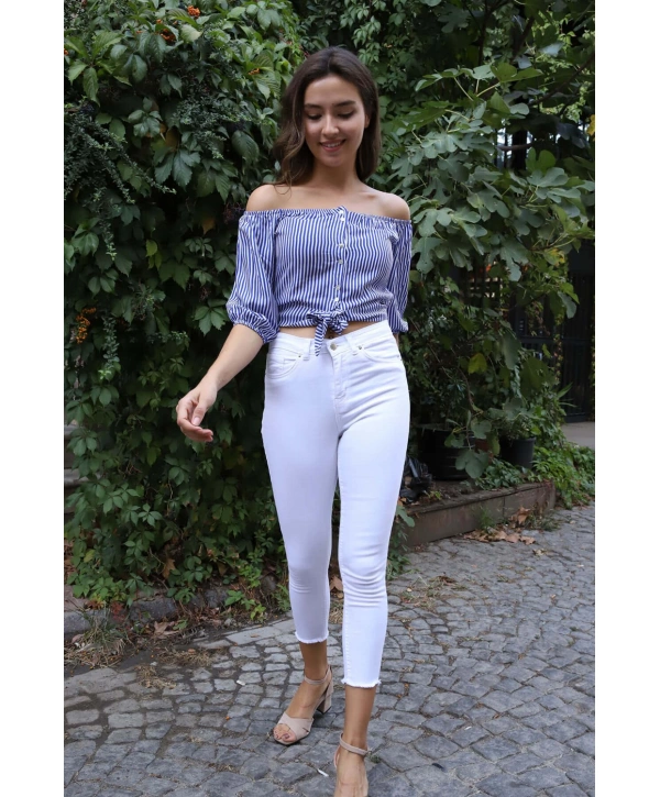 Belden Bağlamalı Bluz - MAVİ