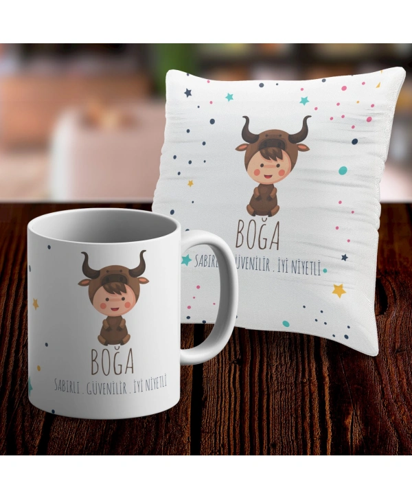 Boğa Tasarımlı Sevimli Kupa ve Yastık Kılıfı Seti