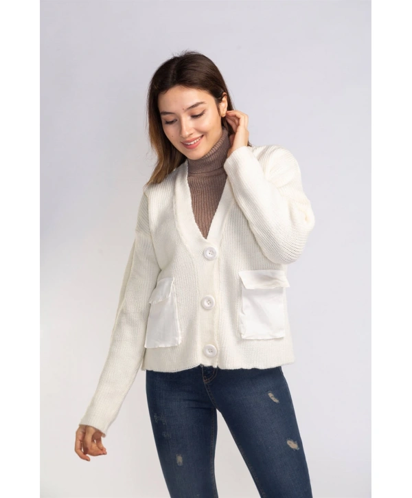 Cep ve Düğme Detaylı Hırka-EKRU