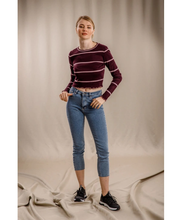 Çizgili Crop Triko - BORDO