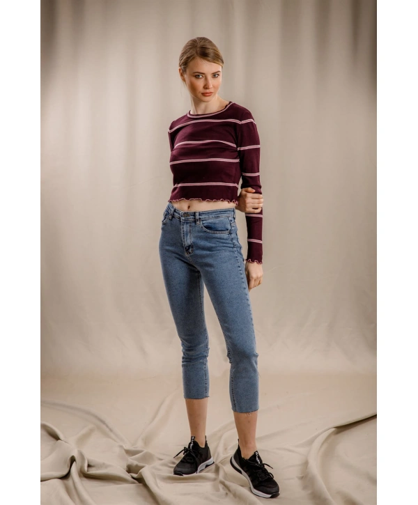 Çizgili Crop Triko - BORDO