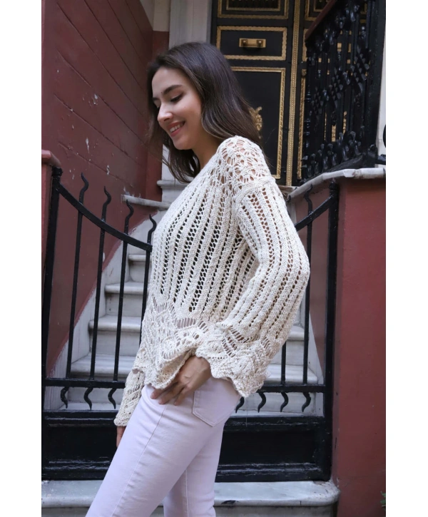 Delikli Merserize Kazak - KREM