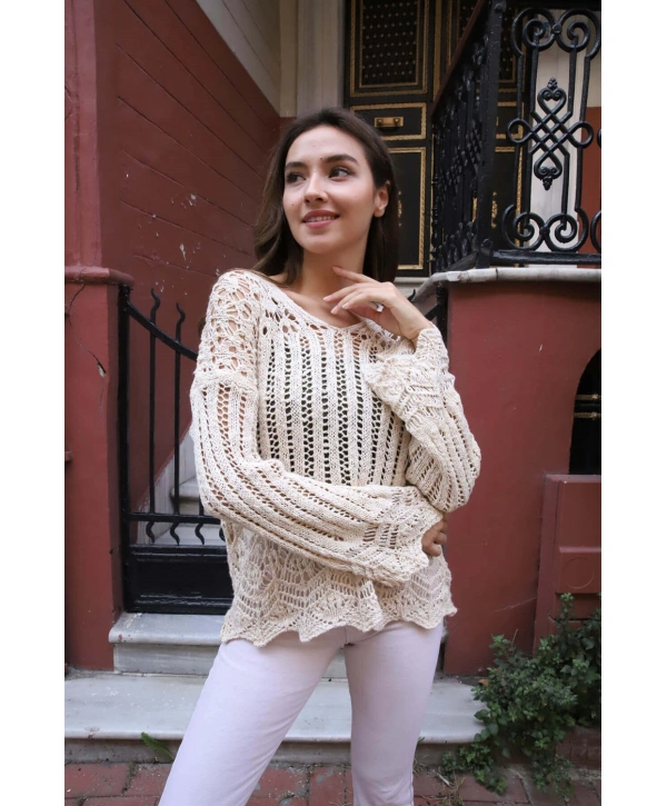 Delikli Merserize Kazak - KREM