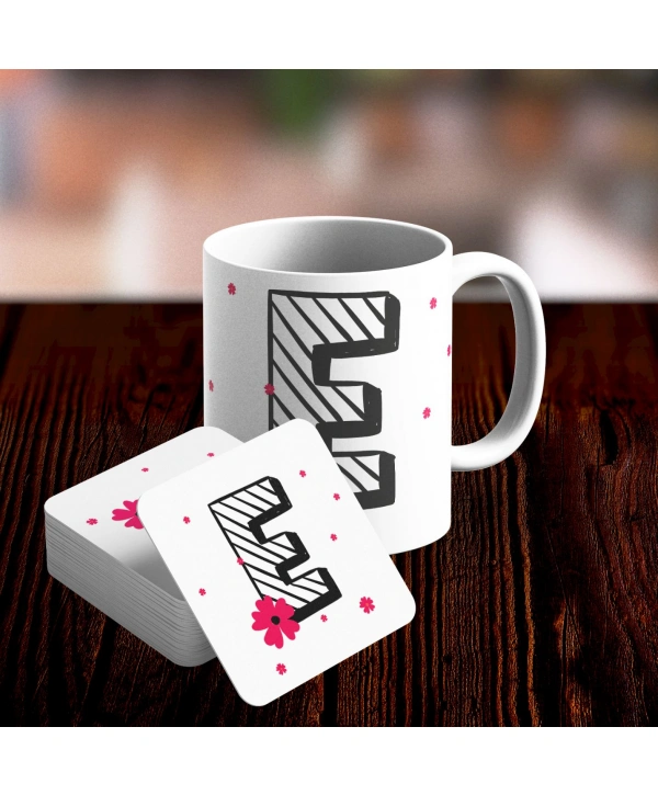 E Harfi Tasarımlı Kupa ve Bardak Altlığı Seti