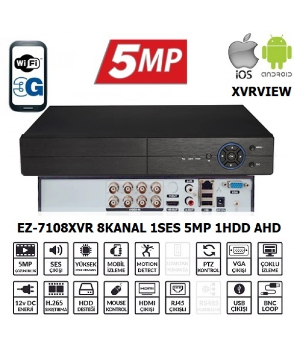 EZCOOL EZ-7108XVR 8CH 5MP KOAKSIYEL SES XVRVIEW