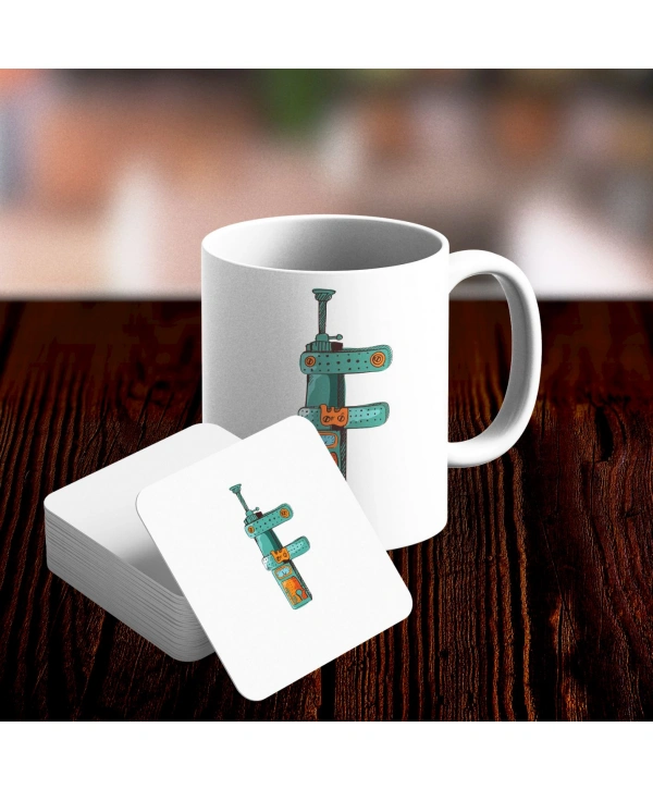 F Harfi Tasarımlı Kupa ve Bardak Altlığı Seti