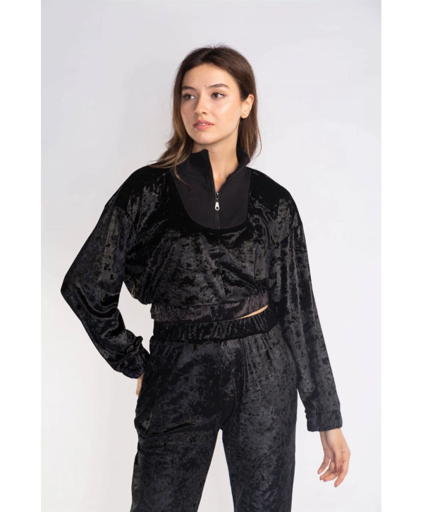 Fermuarlı Kadife Takım-SİYAH