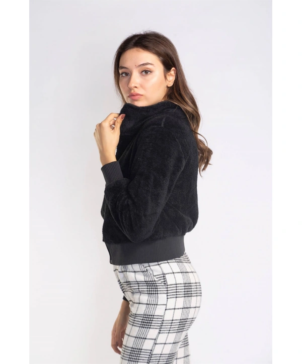 Fermuarlı Mevsimlik Peluş Ceket-SİYAH