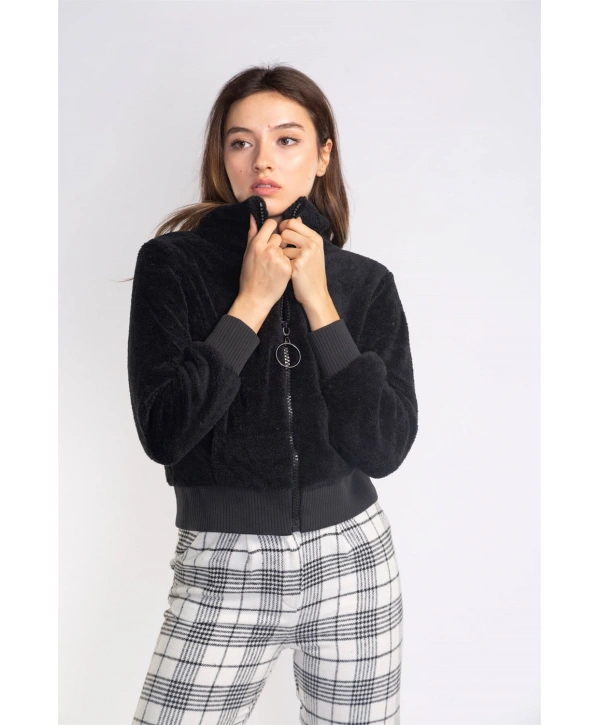 Fermuarlı Mevsimlik Peluş Ceket-SİYAH