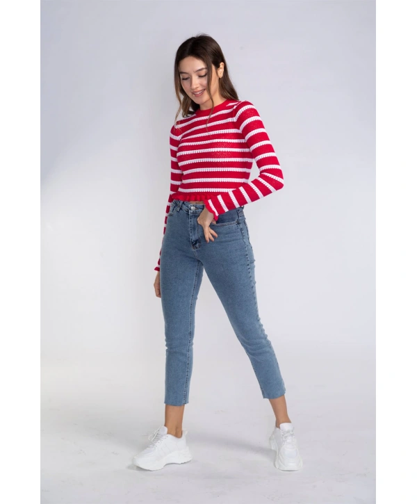 Fırfır Detaylı Çizgili Triko Bluz-KIRMIZI