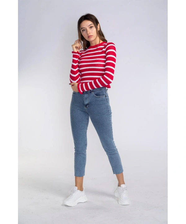 Fırfır Detaylı Çizgili Triko Bluz-KIRMIZI