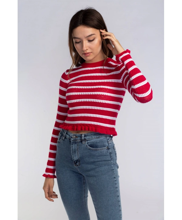 Fırfır Detaylı Çizgili Triko Bluz-KIRMIZI