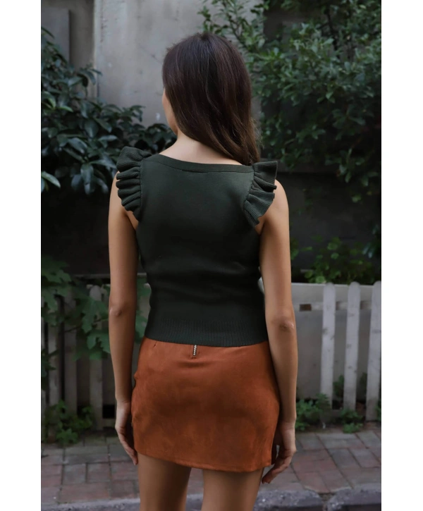 Fırfır Detaylı Triko Bluz - HAKİ