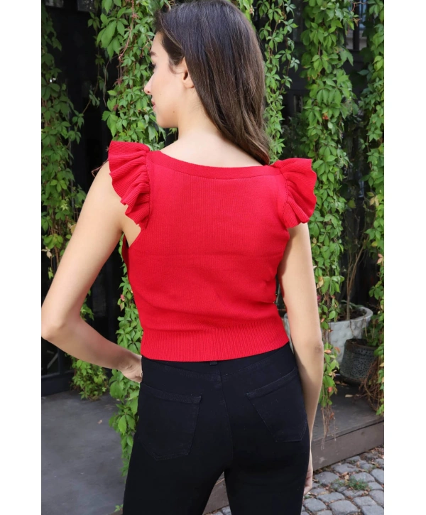Fırfır Detaylı Triko Bluz - KIRMIZI