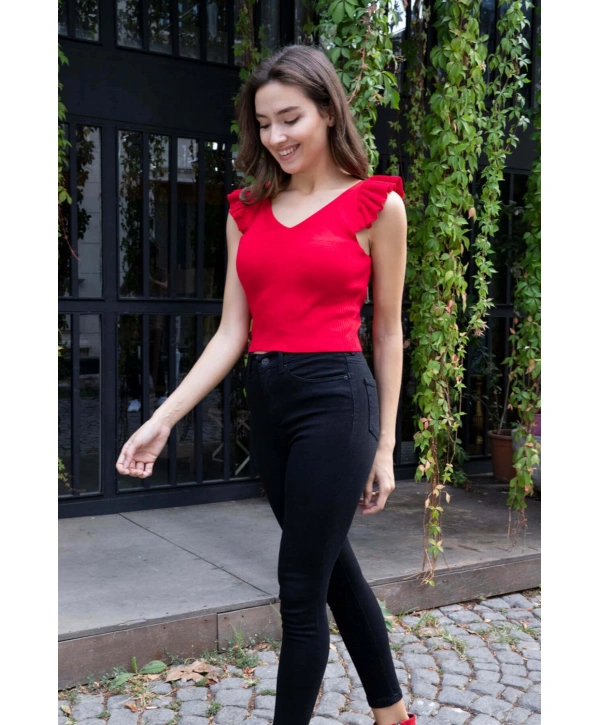 Fırfır Detaylı Triko Bluz - KIRMIZI