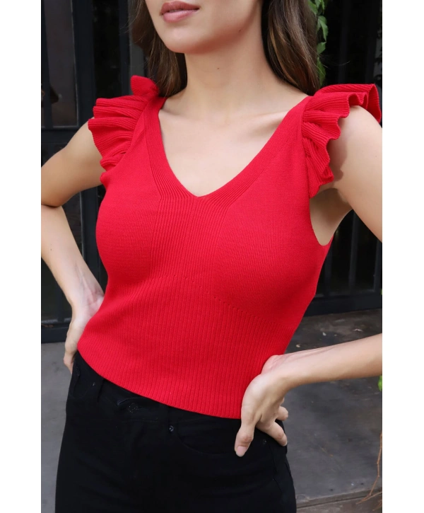 Fırfır Detaylı Triko Bluz - KIRMIZI