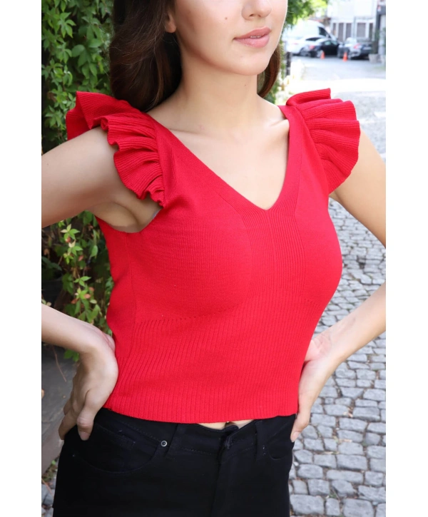 Fırfır Detaylı Triko Bluz - KIRMIZI
