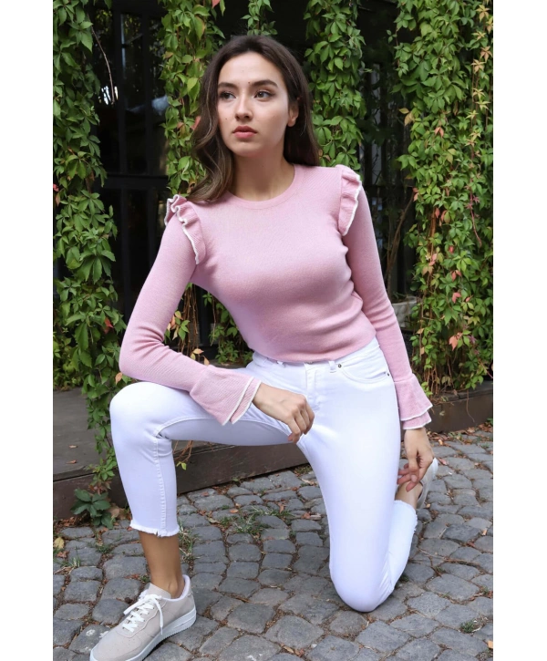 Fırfır Detaylı Triko Bluz - TOZ PEMBE