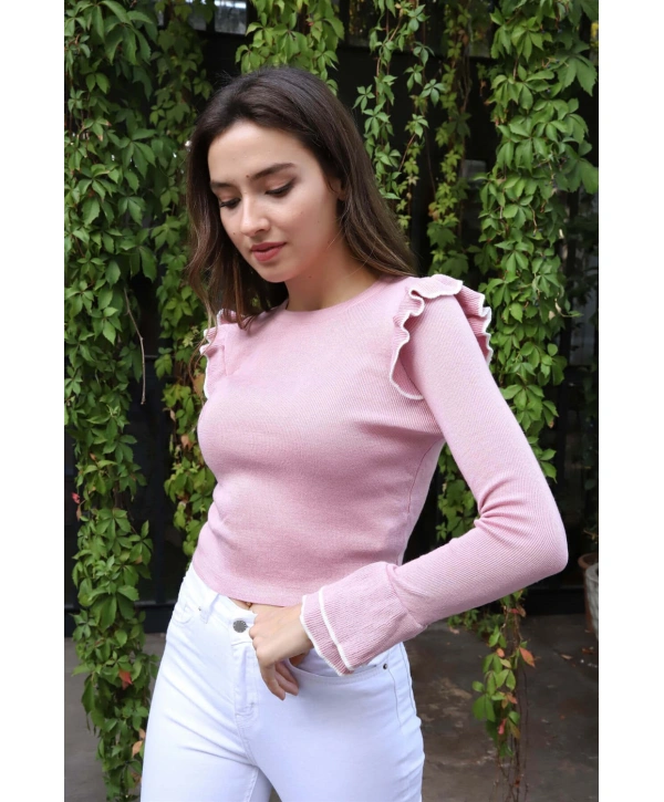 Fırfır Detaylı Triko Bluz - TOZ PEMBE