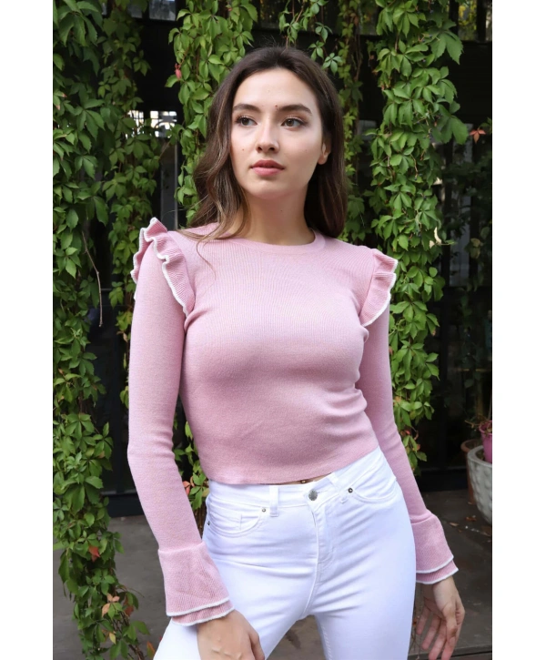 Fırfır Detaylı Triko Bluz - TOZ PEMBE
