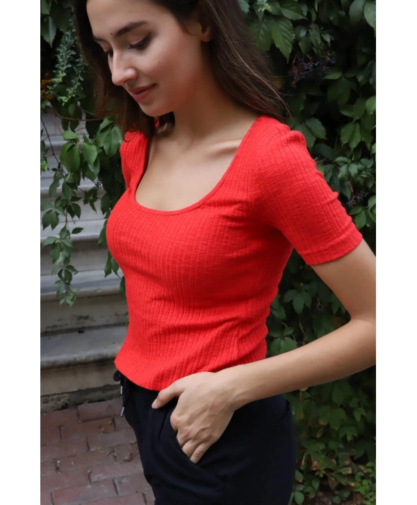 Geniş Yaka Triko Bluz - KIRMIZI