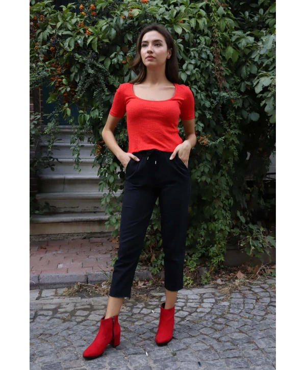 Geniş Yaka Triko Bluz - KIRMIZI