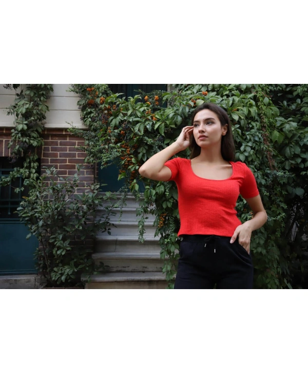 Geniş Yaka Triko Bluz - KIRMIZI