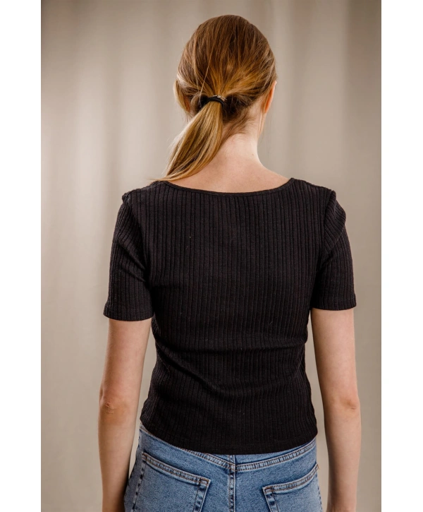 Geniş Yaka Triko Bluz - SİYAH