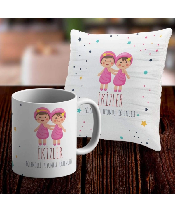 İkizler Tasarımlı Sevimli Kupa ve Yastık Kılıfı Seti