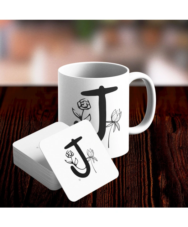 J Harfi Tasarımlı Kupa ve Bardak Altlığı Seti