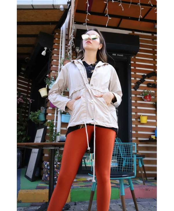 Kapüşonlu Kordonlu Yağmurluk- BEJ