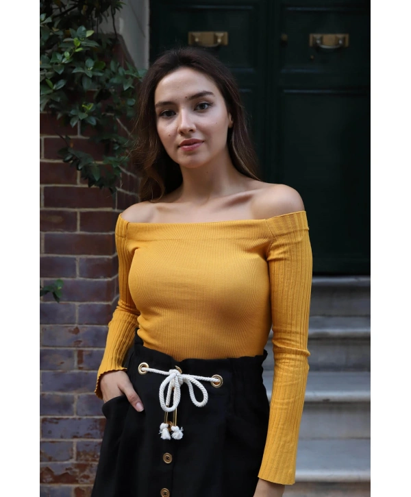 Kayık Yaka Triko Bluz - HARDAL
