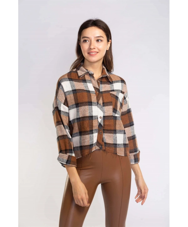 Kesik Uçlu Ekose Gömlek-KAHVERENGİ