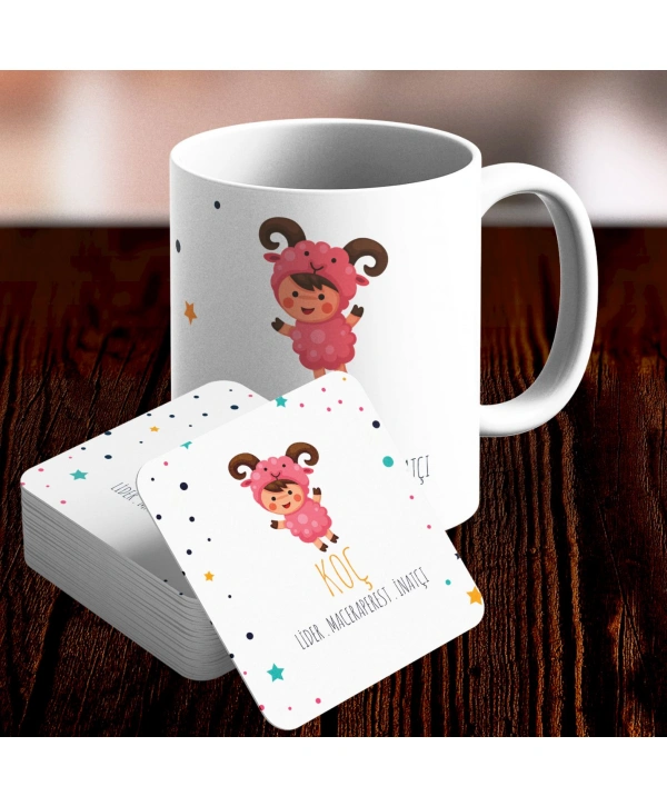 Koç Burcu Özel Sevimli Kupa ve Altlık Seti