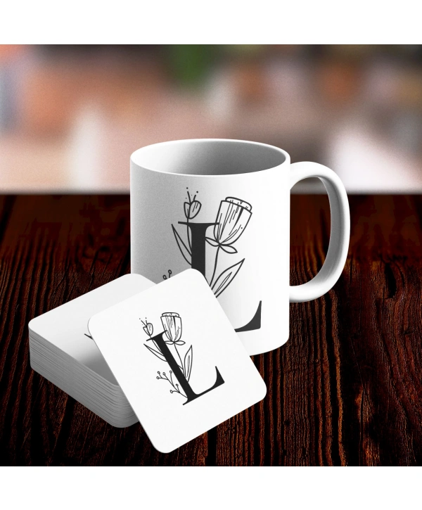 L Harfi Tasarımlı Kupa ve Bardak Altlığı Seti