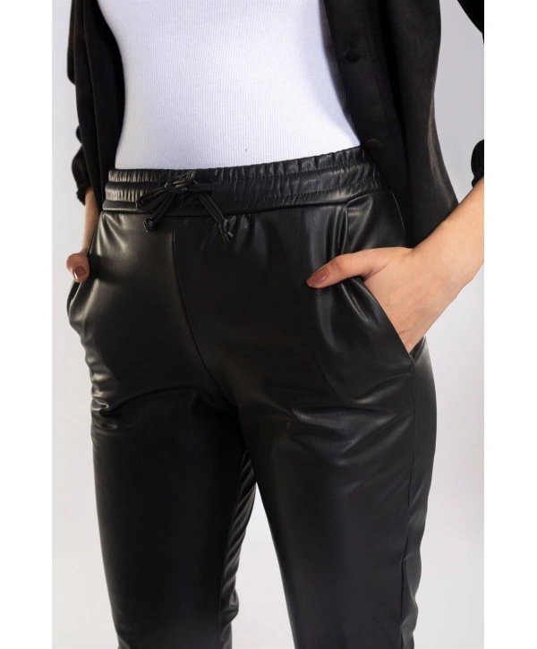 Lastikli Cepli Deri Pantolon-SİYAH