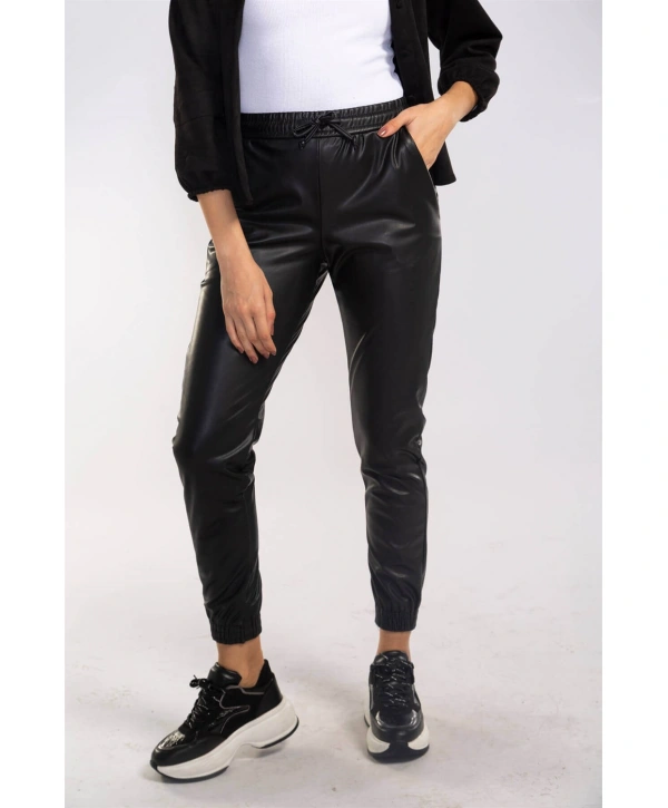 Lastikli Cepli Deri Pantolon-SİYAH