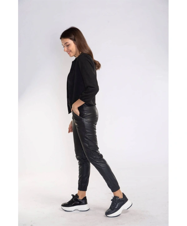 Lastikli Cepli Deri Pantolon-SİYAH