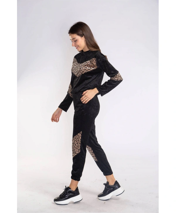 Leopar Desenli Kadife Takım-SİYAH