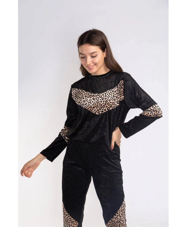 Leopar Desenli Kadife Takım-SİYAH