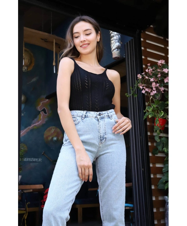 Merserize Askılı Bluz - SİYAH