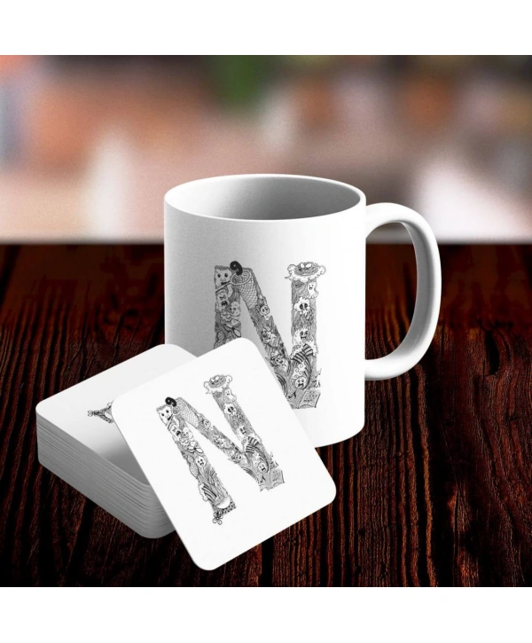 N Harfi Tasarımlı Kupa ve Bardak Altlığı Seti