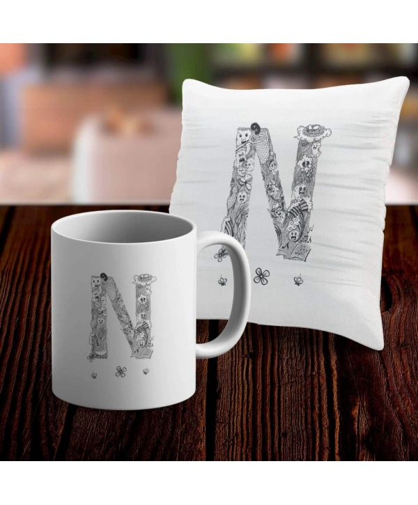 N Harfi Tasarımlı Kupa ve Yastık Kılıfı Hediye Seti