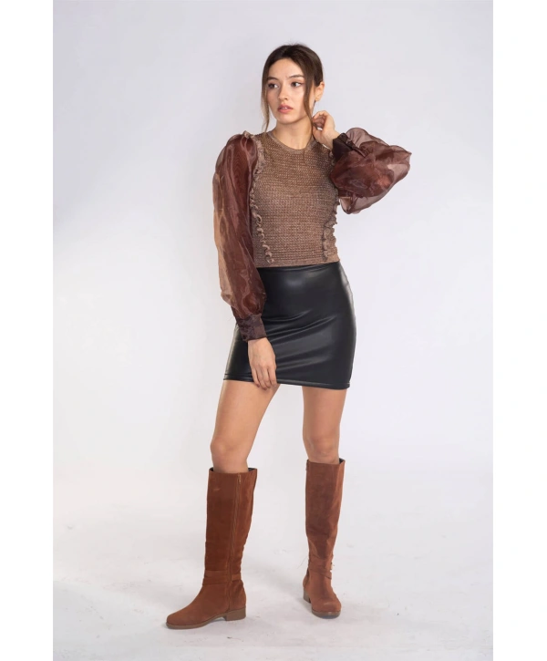 Organze Balon Kol Bluz-KAHVERENGİ