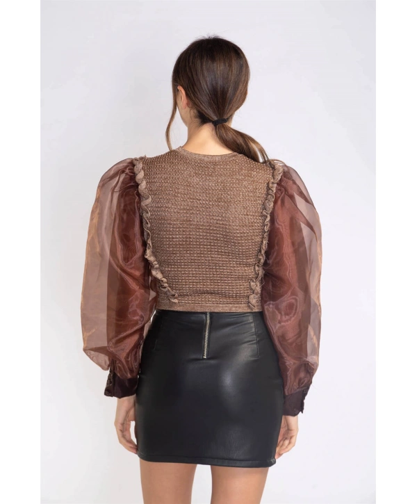 Organze Balon Kol Bluz-KAHVERENGİ