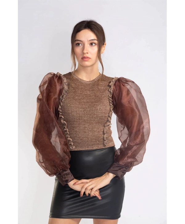 Organze Balon Kol Bluz-KAHVERENGİ